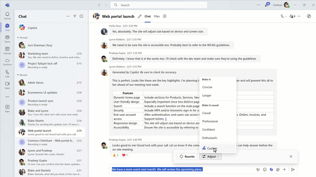 Microsoft 365 Copilot in Teams zeigt Ihnen, wie Sie das Tool nutzen können, um Hilfe bei Ihren Nachrichten zu erhalten